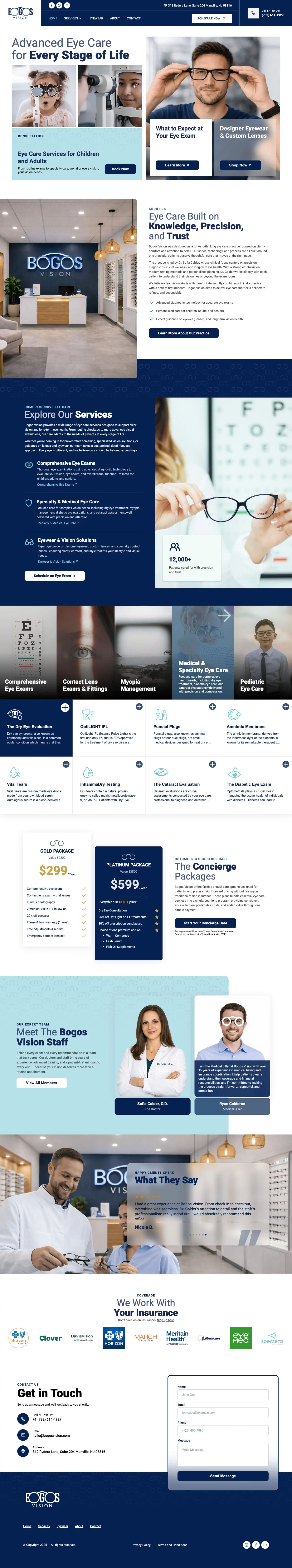 Desktop view of an optometrist website featuring service highlights, patient reviews, and contact options