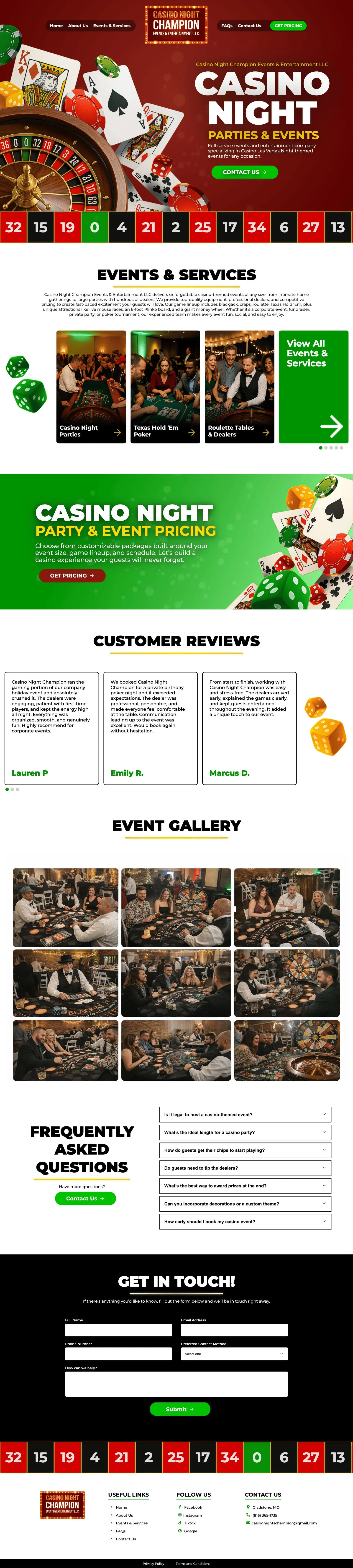 Website layout featuring casino-themed visuals, event photos, service sections, reviews, and a gallery for party and event entertainment
