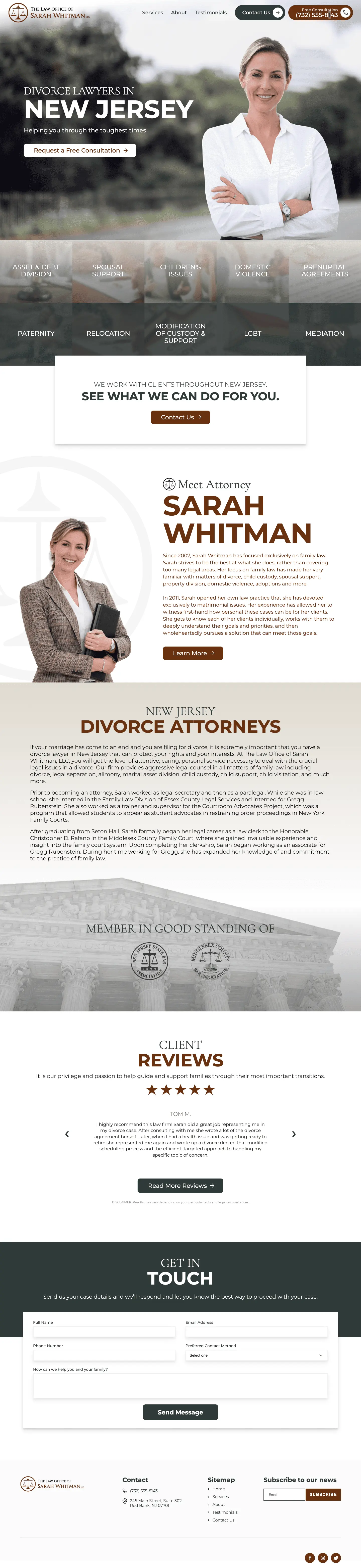 Divorce lawyer website design featuring attorney profile, practice areas, client reviews, and contact form