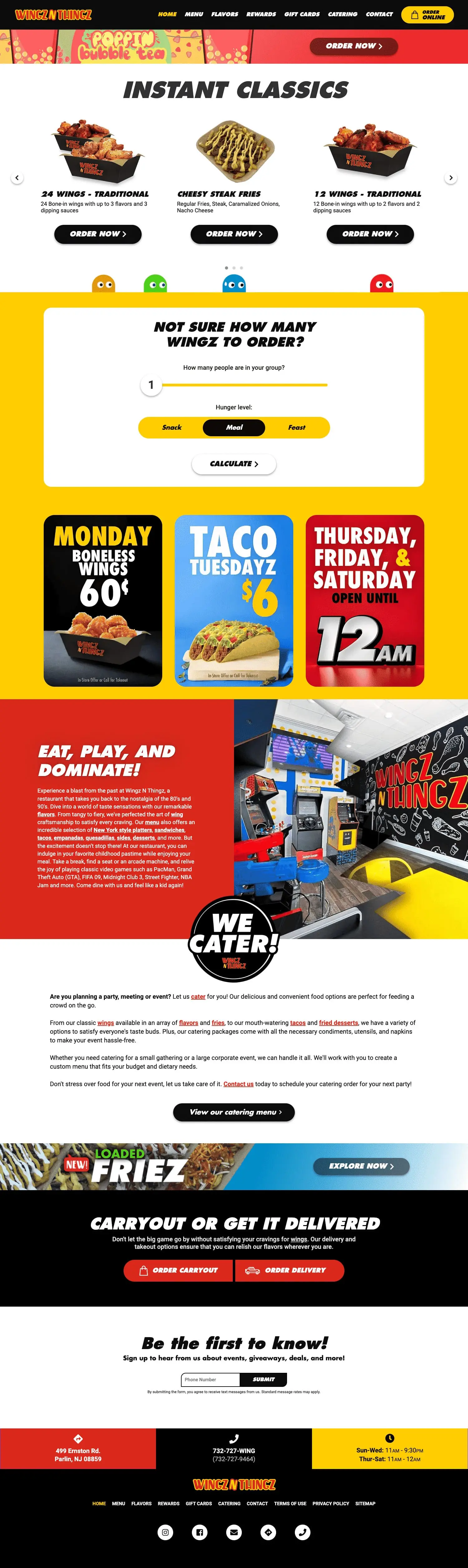 Long-scroll restaurant website design featuring menu highlights, promotions, catering section, arcade photos, and online ordering options